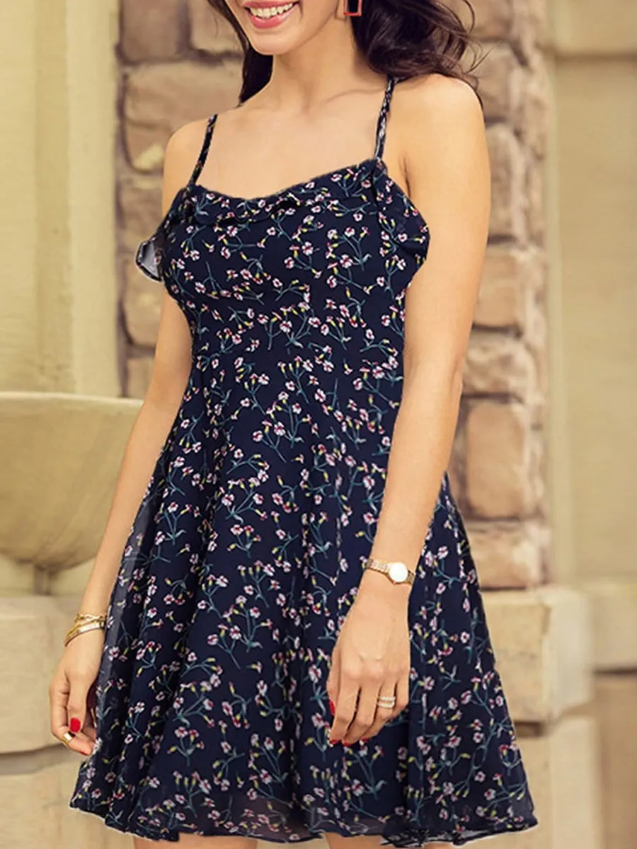Alisa Pan Spaghetti Straps Floral Print Fit & Flare Dress