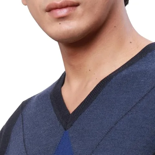Park Avenue Men's Regular Fit Acrylic Wool Blended Argyle Pattern V Neck Full Sleeve Casual Sweater (Size: 85)-PCWA00266-B8 Dark Blue