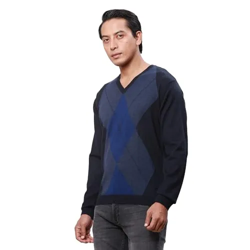 Park Avenue Men's Regular Fit Acrylic Wool Blended Argyle Pattern V Neck Full Sleeve Casual Sweater (Size: 85)-PCWA00266-B8 Dark Blue
