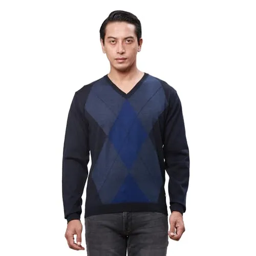 Park Avenue Men's Regular Fit Acrylic Wool Blended Argyle Pattern V Neck Full Sleeve Casual Sweater (Size: 85)-PCWA00266-B8 Dark Blue